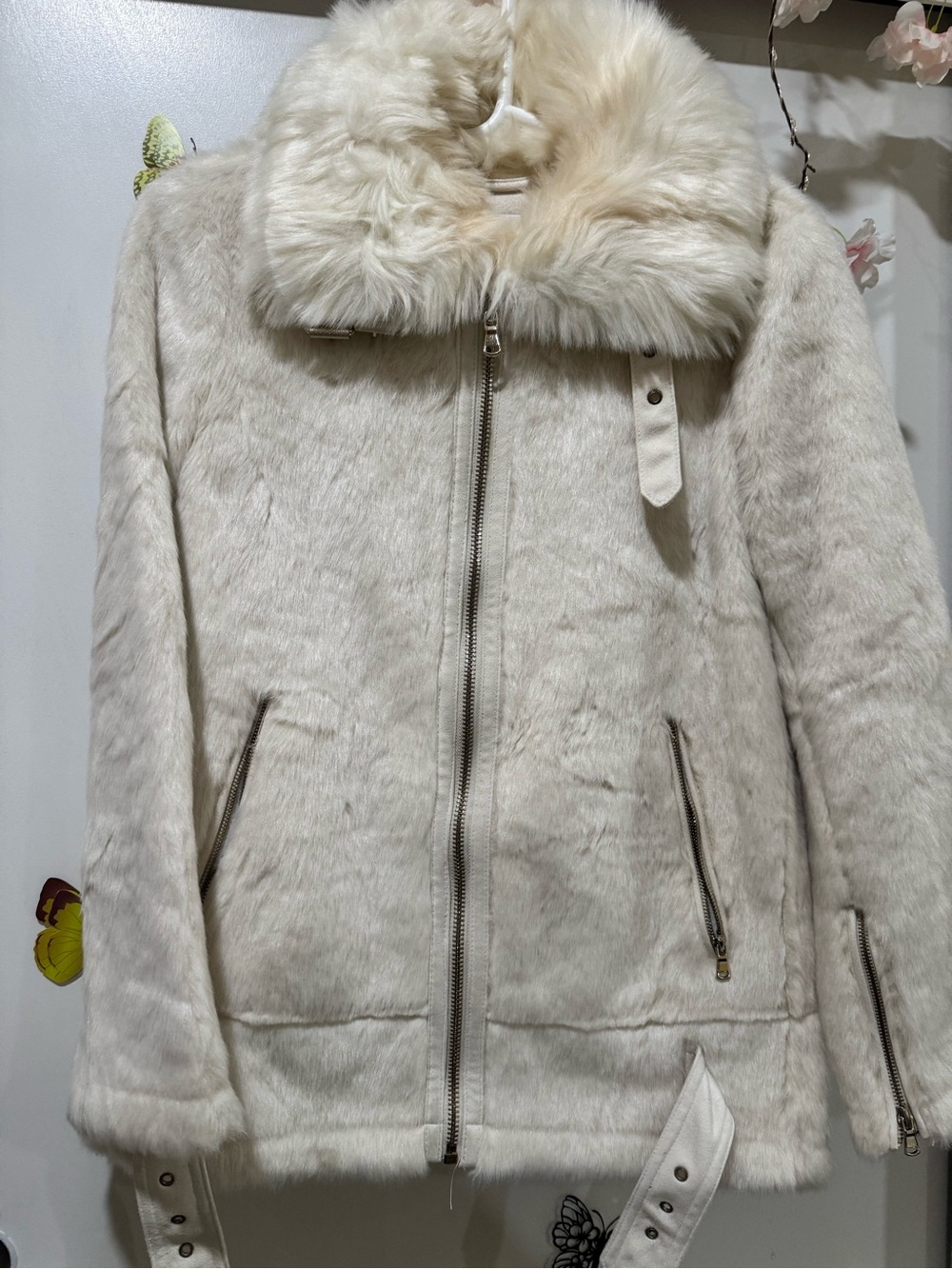 ZARA womens Cream Faux Fur Zip-Front Jacket with Removable Collar